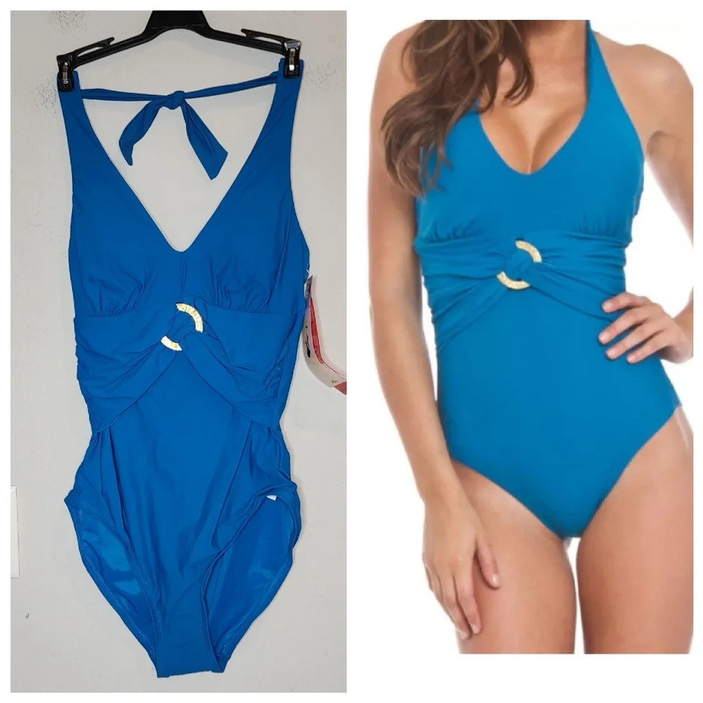 NWT Spanx Blue Shaping Halter one piece swimsuit. Women's size 8.
